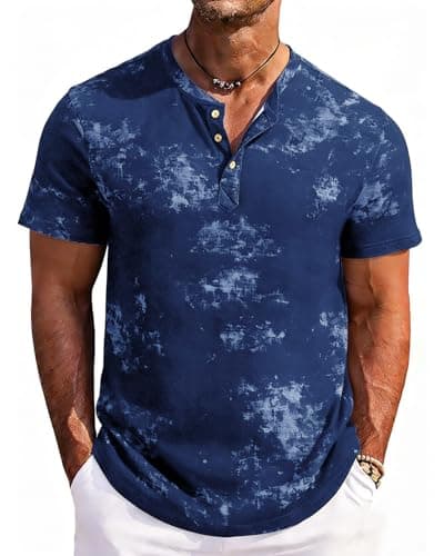 Image of LAOARA Mens T Shirt Henley Graphic Tops Short Sleeve Tshirts Summer Button Casual Rock Fashion Tee Blue XL