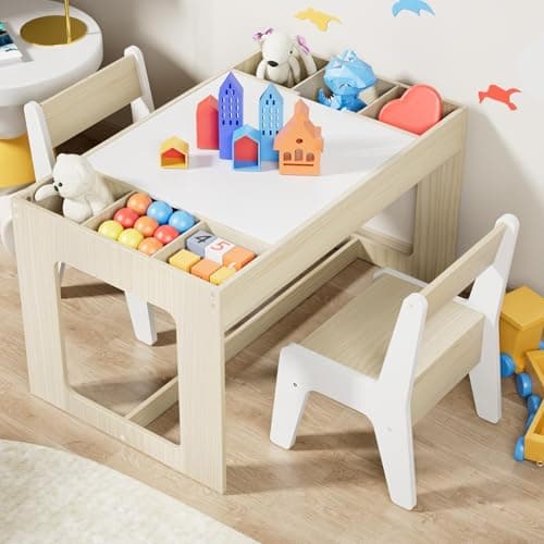 Image of Clevich Kids Wooden Table and 2 Chairs Set with Storage Space and Reversible Tabletop, Kids Activity Table for Eating, Crafting and Playing, Toddler's Desk for Children's Room, School, Daycare