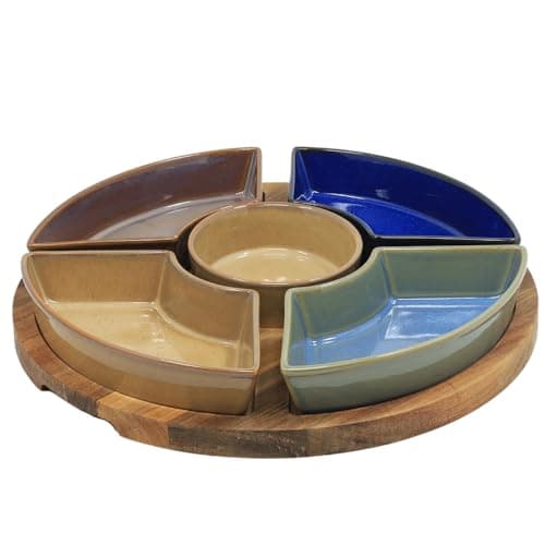 Image of Lesser & Pavey Snack Dishes & Wood Trays For Food Serving | Wood Snacks Serving Platter With Bowls | Colourful Designers Round And Square Food Serving Tray Set of 5 - Elements
