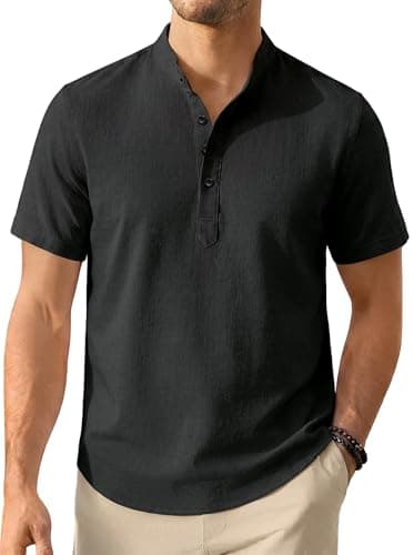Image of Enlision Mens Black Grandad Shirts Summer Short Sleeve Linen Shirt for Men Casual Beach Holiday Henley T-Shirts 4XL