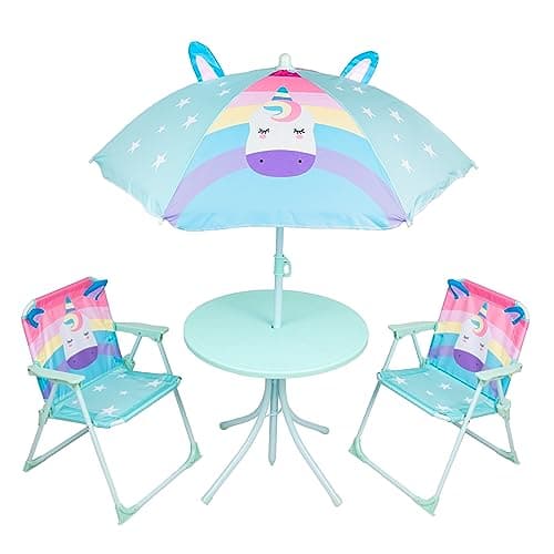 Image of Relsy Unicorn Patio Set Kids Garden Furniture 4-Piece Kids Table and Chairs With Adjustable Parasol, Girl's Pink Garden Furniture Unicorn Design For Children