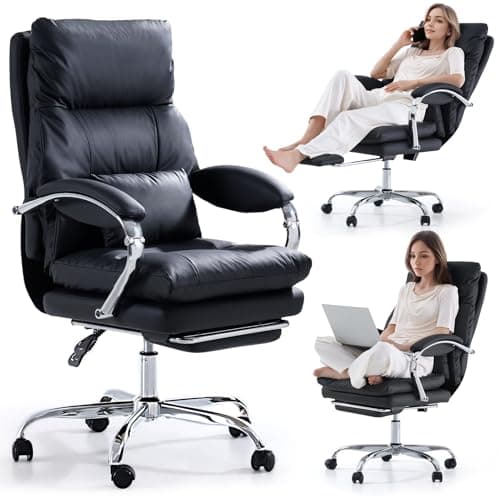 Image of LEAGOO Home Office Desk Chairs with Foot Rest, Fully Reclining Ergonomic Executive Office Chair with Armrests, High Back PU Leather Comfy Swivel Computer Chair with Wheels and Lumbar Support, Black