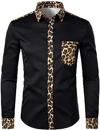 Image of PARKLEES Men's Hipster Leopard Design Slim Fit Long Sleeve Button Up Dress Shirts Black M