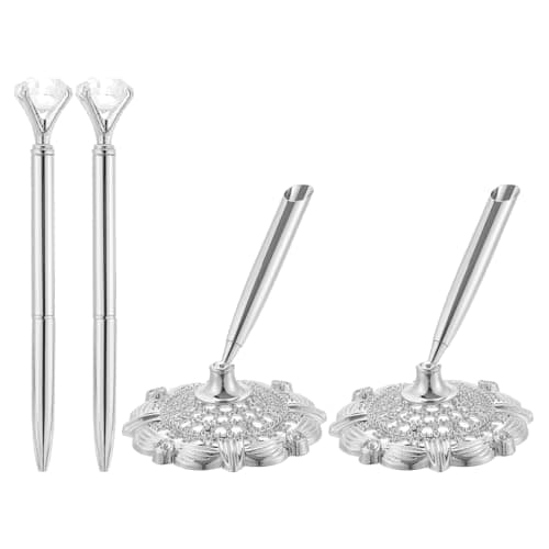 Image of PATIKIL 2 Pcs Hollow Round Pen Metal Ballpoint Pens Set with Diamond Crystal Pen, 1mm Black Ink Pens for Business Office Wedding Guest Signature, Silver
