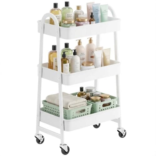 Image of SONGMICS 3-Tier Rolling Cart, Metal Storage Cart, Kitchen Storage Trolley with 2 Brakes and Handles, Utility Trolley, Easy Assembly, for Painting Utensils Bedroom Laundry Room, White BSC068W01V1
