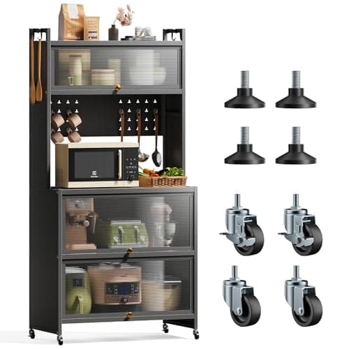 Image of Warmiehomy Kitchen Storage Cabinets, Pantry Cupboard with 5 Tiers Bakers Rack, Kitchen Shelves with Transparent Flip Door & 4 Rolling Wheels, 80x40x162cm, Grey