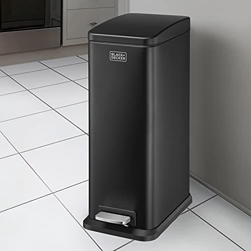 Image of BLACK+DECKER BXBN0008E 20L Black Slimline Pedal Bin with Soft Close Lid, Stainless Steel, 56cm x 22cm x 36cm