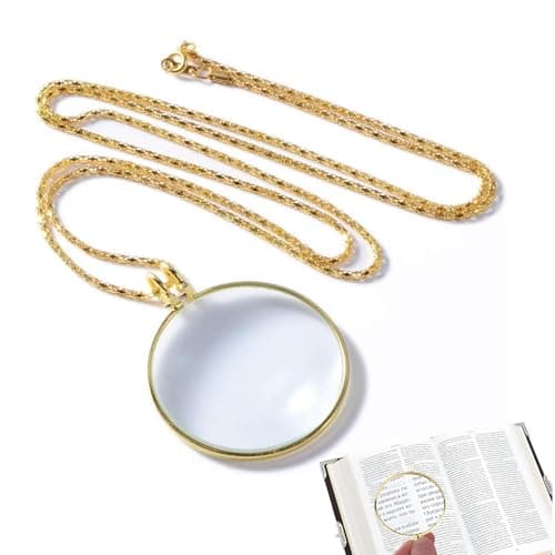 Image of 5X Monocle Magnifying Glass Necklace – Small Reading Magnifying Glass Pendant with Chain – Magnifying Glasses for Reading, Sewing, Maps and Detail Work – Vintage Style Close-Up Viewer (Gold)
