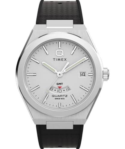 Image of Timex Men's Q Continental GMT 39 mm Watch - Black Synthetic Rubber Strap with Silver-Tone Dial and Stainless Steel Case TW2Y12200