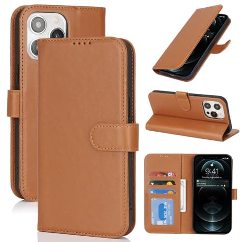 Image of Zouzt Case for iPhone 13 Pro Max / 12 Pro Max (6.7 Inch), Premium PU Leather Wallet Case with Credit Card Holder Slot Flip Folio Kickstand Shockproof Protective Phone Cover (Light Brown)