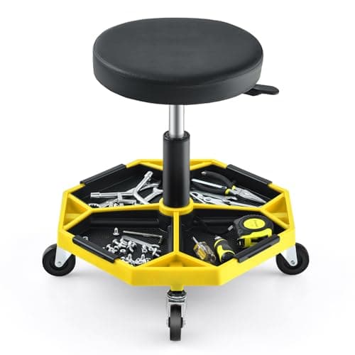 Image of COSTWAY Rolling Mechanic Stool, Height Adjustable Swivel Pneumatic Roller Creeper Seat with Wheels & Tool Tray, 150kg Capacity Garage Workshop Padded Chair (Black+Yellow)