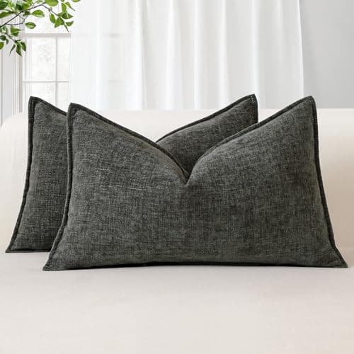Image of Sungeek Set of 2 Soft Chenille Cushion Covers 30x50cm Lumbar Decorative Throw Pillow Covers with Stitched Edge Solid Dyed Pillow Cases Covers for Home Decor Couch Sofa Bed Living Room, Dark Grey