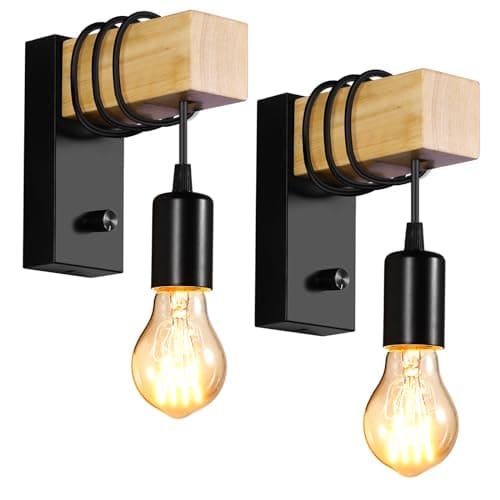 Image of OurLeeme 2 Pack Industrial Wall Lights, Vintage Wooden Wall Lamp Sconces with Switch Dimmable ndoor Lighting Fixtures E27 Socket for Dining Room Bedroom Hallway Restaurant Living Room, Black