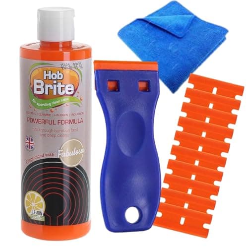 Image of Hob Brite Powerful Ceramic Hob Cleaner 250ml For Glass Hob, Ceramic Hob, Halogen and Induction Hob with Microfibre Cloths & Scrapers | Professional Kit For Burnt Pans & Stove Top | Asquare Essentials