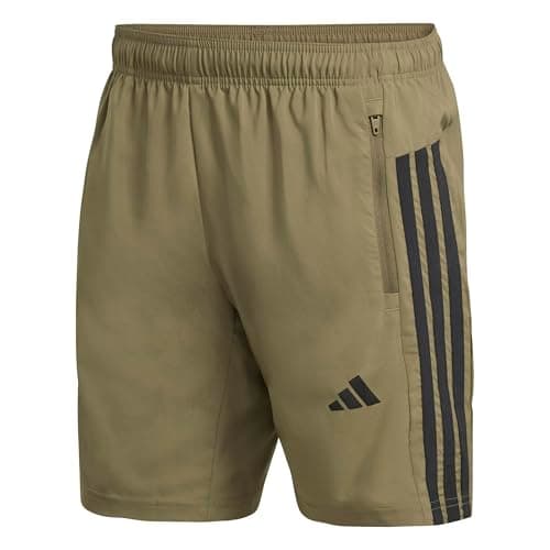 Image of adidas Men's Workout Essentials Base 3 Stripes Woven Short, Olive strata/Black, XL 7 inch