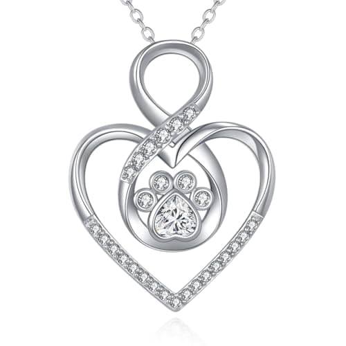 Image of KZX Heart Paw Necklace for Women Infinity Necklaces 925 Sterlings Silver Cubic Zirconia Dog Cat Pet Paw Print Love Heart Pendant Adjustable Necklace Jewellery Gifts for Mom
