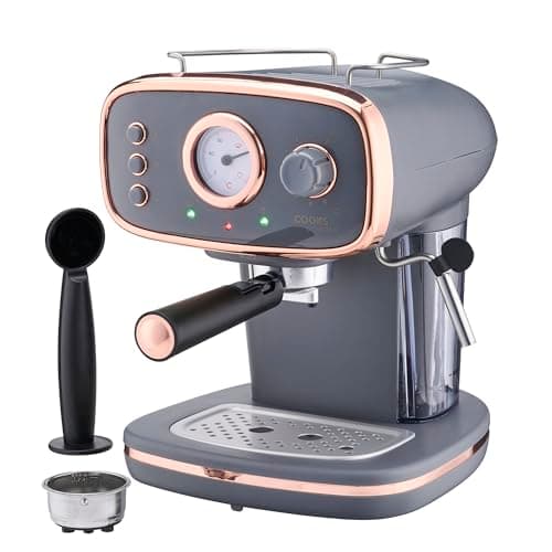 Image of Cooks Professional 15-Bar Retro Espresso Coffee Machine with Frothing Steam Wand, Built-In Temperature Gauge, 1.2L Water Tank & Stainless Steel Drip Tray | Grey & Copper