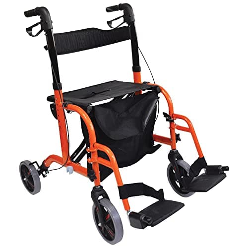 Image of Deluxe 2-in-1 Rollator and Transit Chair - Dual Function Walker - Orange - Aluminium Framework - Shopping Bag with Strap - Ergonomic Handles - Loop Breaks