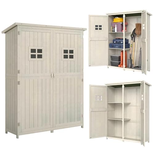 Image of Outsunny Wooden Garden Shed with Two Windows, Tool Storage Cabinet, Outdoor Double Door Organizer 127.5L x 50W x 164H cm, Grey