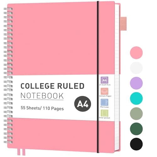 Image of RETTACY A4 Notebook, Lined Wirebound Spiral Notebook College Ruled Paper 110 Pages for Writing, Journals for Women 100gsm, PVC Pocket, Pen Loop, Ruler, Bookmark, 21.5 x 27.9cm - Pink