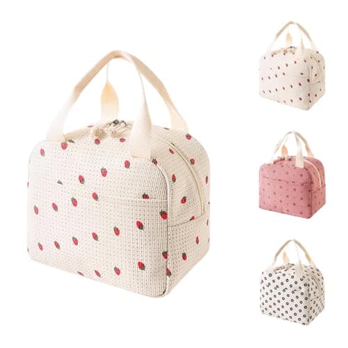 Image of SUOXU Large Capacity Corduroy Insulated Lunch Bag for Adults Kids, Thermal Tote for Work School Picnic, Leak Proof Cooler Bag with Handle, Cute Floral Print Lunch Box (Off-White - Strawberry)