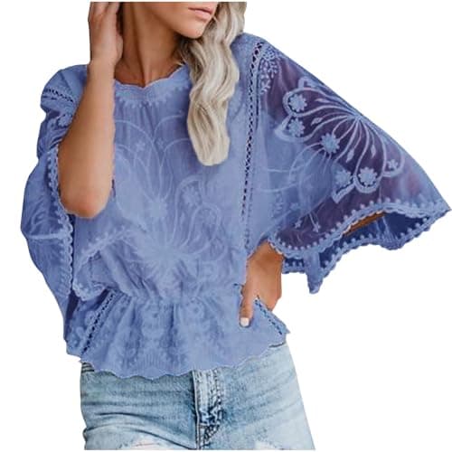 Image of Blouse Tops for Women UK Party Flowy Long Sleeve Tunic Blouses Peplum Tops Floral Embroidery Chiffon Casual Shirts Elastic Waist Hem Pullover Holiday Vacation01 Blue S
