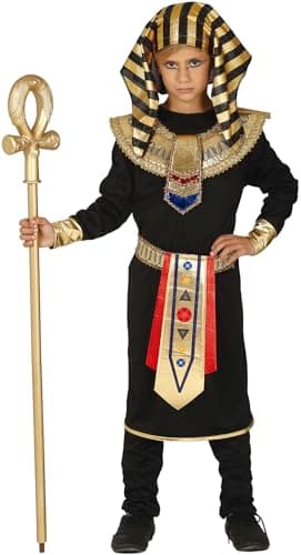 Image of FIESTAS GUIRCA | Egyptian Fancy Dress Costume Children (10-12 Years) - Tunic, Trousers, Belt, Collar and Headpiece for Boys - Pharaoh and Ancient Egypt Costumes for Halloween - Black and Gold