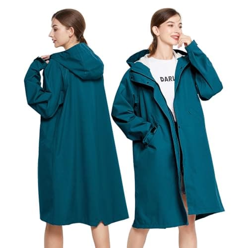 Image of LAMA Womens Long Raincoat, Waterproof Reusable Jackets Hooded Rain Coat with Carry Bag, Ladies Lightweight Raincoat Windbreak Outdoor Coats SeaBlue M