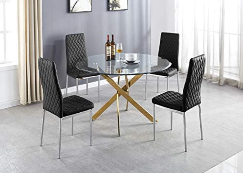 Image of Furniturebox UK Novara Modern Stylish Large Round Gold Metal And Clear Glass Dining Table And 4/6 Contemporary Milan Dining Chairs Set (Dining Table + Black Milan Chairs, 4 Chairs)
