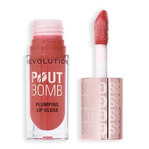 Image of Revolution Beauty, Pout Bomb Plumping Lip Gloss, High-Shine for Glossy, Fuller & Plump Lips with Hyaluronic Acid & Peptides, Vegan & Cruelty-Free, Warm Peach Orange