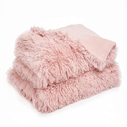 Image of Sienna Fluffy Blanket Double Bed Throw, Super Soft Cosy Warm Fleece Blanket for Bed Sofa Chair Reversible Shaggy Faux Fur Throw, Blush Pink - 150 x 200cm