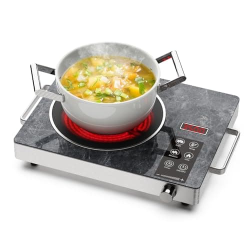 Image of Borrallio 3500W Single Electric Hob, Portable Ceramic Hob with Marble Finish, Infrared Hot Plate with Timer & Knob Control, 220V Solo Electric Stove, Table Top Hob Compatible with All Flat Cookware