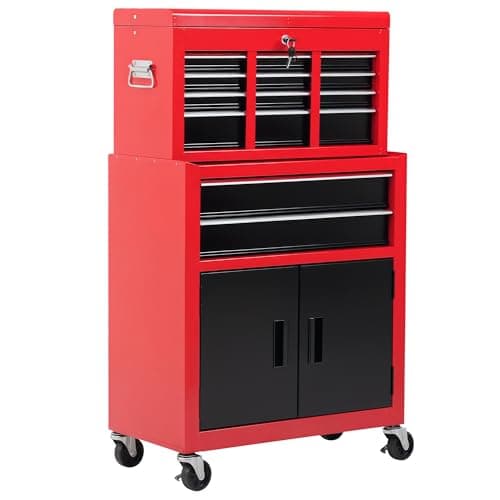 Image of HOMCOM Tool Chest, Metal Tool Cabinet on Wheels with 6 Drawers, Pegboard, Top Chest and Roller Cabinet Combo, 61.6 x 33 x 108cm, Red and Black