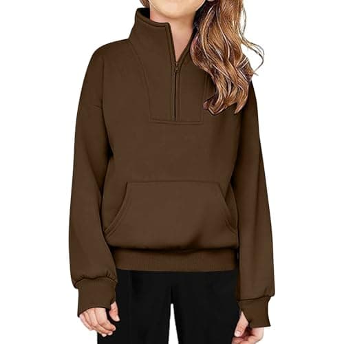 Image of duxyoz Coffee Sweatshirts For Kids Girls Solid Color Long Sleeve Sweater School Jumper Hoodie Warm Fall Winter Clothes Half Zip Sweatshirt Quarter Zip Pullover Sweatshirts For Teenage 5-6 Years