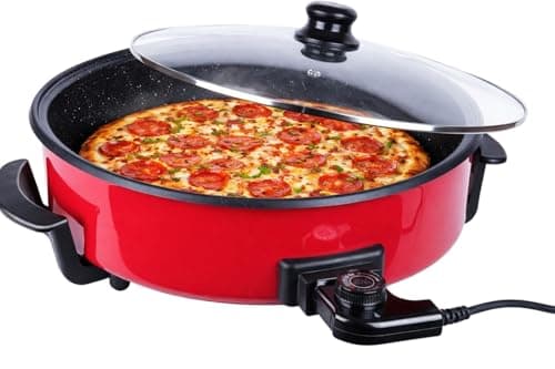 Image of Royal Swiss® Electric Frying Pan 46cm 1500W – Large Non Stick Electric Skillet with Glass Lid, Thermostat Control, Keep Warm Function, Multi Cooker for Pizza Paella Pasta, Red