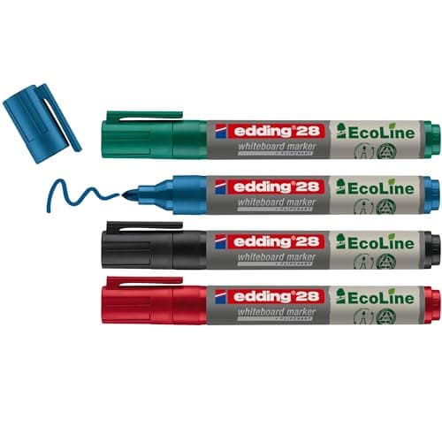 Image of edding 28 Ecoline whiteboard marker set - black, red, blue, green - 4 whiteboard pens - round tip 1.5-3 mm - whiteboard pen dry wipe - for whiteboards, flipcharts, memo boards - sketchnotes