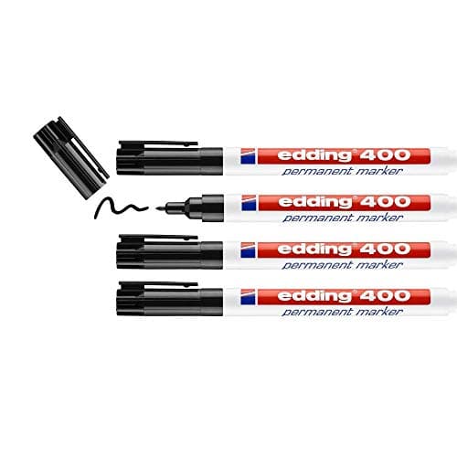 Image of edding 400 permanent marker - black - 4 pens - fine round tip 1 mm - waterproof, quick-drying, smear-proof pens - for cardboard, plastic, wood, metal, glass and fabric