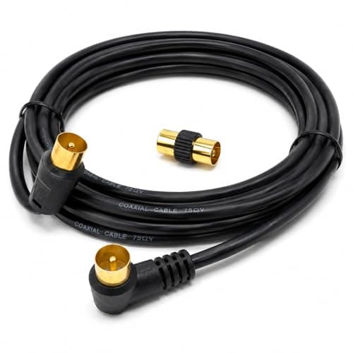 Image of DRUT 4m TV RF Right Angle Male to Male Aerial Antenna Coaxial Cable With Female to Female Coupler Gold Connectors 75 ohm, 3C2V (13ft, Black)