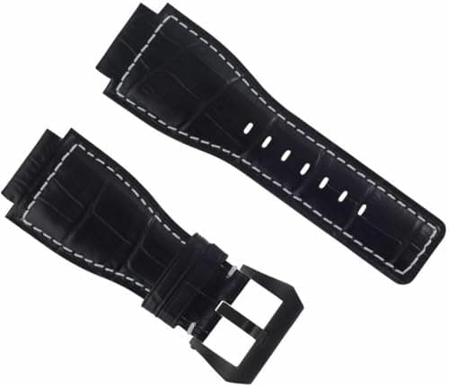 Image of 24mm Leather Watch Band Strap For Bell & Ross Br01-br03, Durable Replacement With Black Buckle, Stylish Upgrade For Luxury Timepieces Black with white stitching