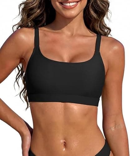 Image of Zando Bikini Tops for Women UK Adjustable Shoulder Straps Black Bikini Top Sports Swim Bra Beach Bathing Suits Plain Scoop Neck Women's Bikini Tops, Black-Flat, XL