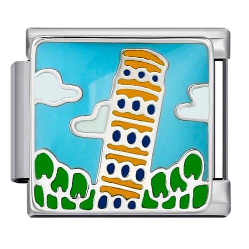 Image of Mon & Sons The Leaning Tower of Pisa Italy Italian Love Silver Travel Italian 9mm Link Stainless Steel Bracelet Charm Compatible With 9mm Link