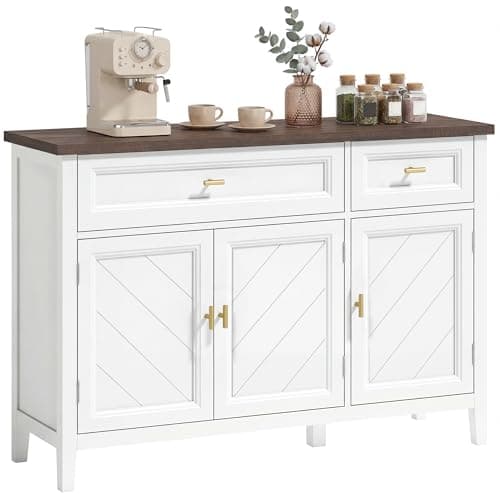 Image of HOMCOM Sideboard with Thick Top, Modern Storage Cabinet, Kitchen Cupboard with 3 Doors, 2 Drawers and Adjustable Shelves for Dining Room, Living Room, White and Brown Wood Effect