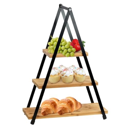 Image of GEEZY 3 Tier Bamboo Serving Tray - Wooden Display Rack with Black Metal Frame, Tiered Cupcake Stand with Non Slip Feet & Carry Handle - Afternoon Tea Stands for Appetizers & Desserts 53x38x16cm
