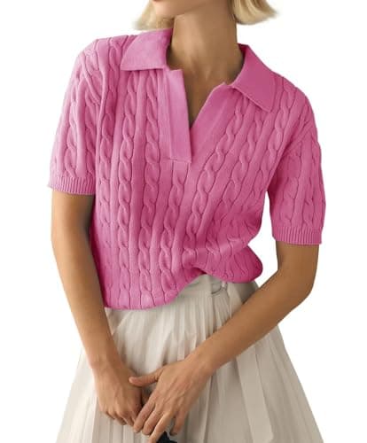 Image of LACOZY Pink Polo Sweater Shirts Cute Shirt for Women Trendy Short Sleeve Knit Blouses Gym Workout 2026 Pink S