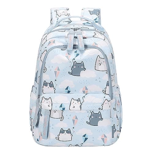 Image of Bansusu Cats Print Girls Backpacks, Water-resistant Casual School Bags Daypacks for Girls, Cats-Sky-blue