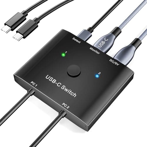 Image of KCEVE USB C Switch 2 in 1 Out, USB Type C KVM Switch 2 Computers 1 Monitor, 8K@60Hz / 4K@120Hz / 20Gbps/ USB 3.1 Gen 2 / 100W PD/Compatible with Thunderbolt Devices/Wired Remote, 1 USB-C Cable