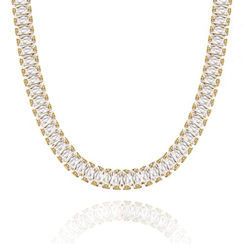 Image of KissYan Gold Tennis Necklace for Women, 14K Gold Plated Diamond Cubic Zirconia Baguette Tennis Chain Paperclip Link Cuban Choker Dainty Jewelry Gifts(33B)