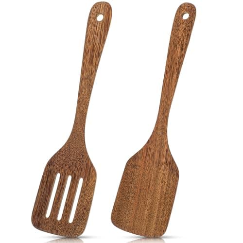 Image of 2Pcs Wooden Spatula for Cooking 12 Inches Wood Spatula Slotted Turner Wood Solid Turner Cooking Utensils for Nonstick Cookware Kitchen Spatulas Frying Spatulas for Fish Egg Pancake Mixing Pan Wok