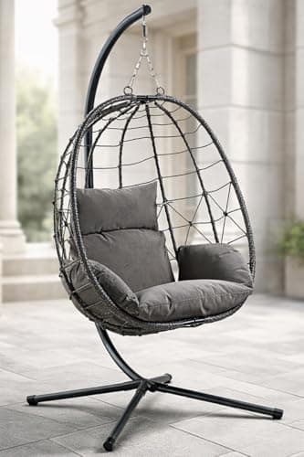 Image of GardenCo Milan Folding Hanging Egg Chair INCLUDES WEATHERPROOF COVER - Outdoor and Indoor Rattan Weave Swing Chair Hammock - Hanging Chair (Grey with Grey Cushion)