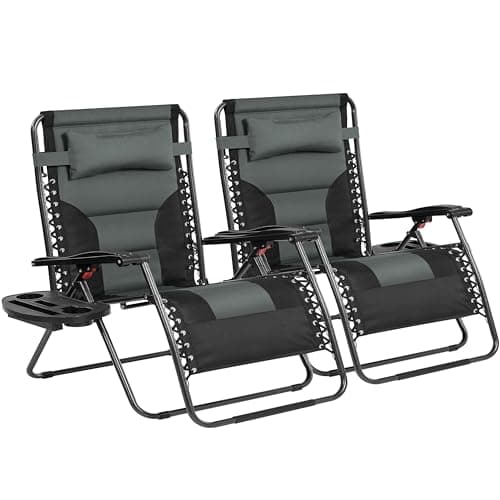 Image of Yaheetech Zero Gravity Sunlounger, Outdoor Multi Position Soft Padded Chairs, Foldable Patio Recliner w/Carry Strap, Cup Holder, Pillow for Backyard Deck Camping Gray/Black Set of 2, 73cm